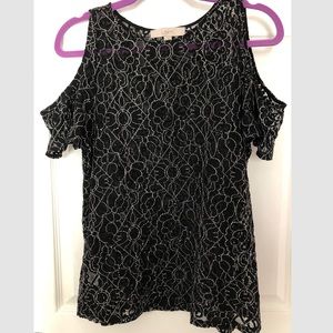 LOFT Black and Silver Lace Open Shoulder Top